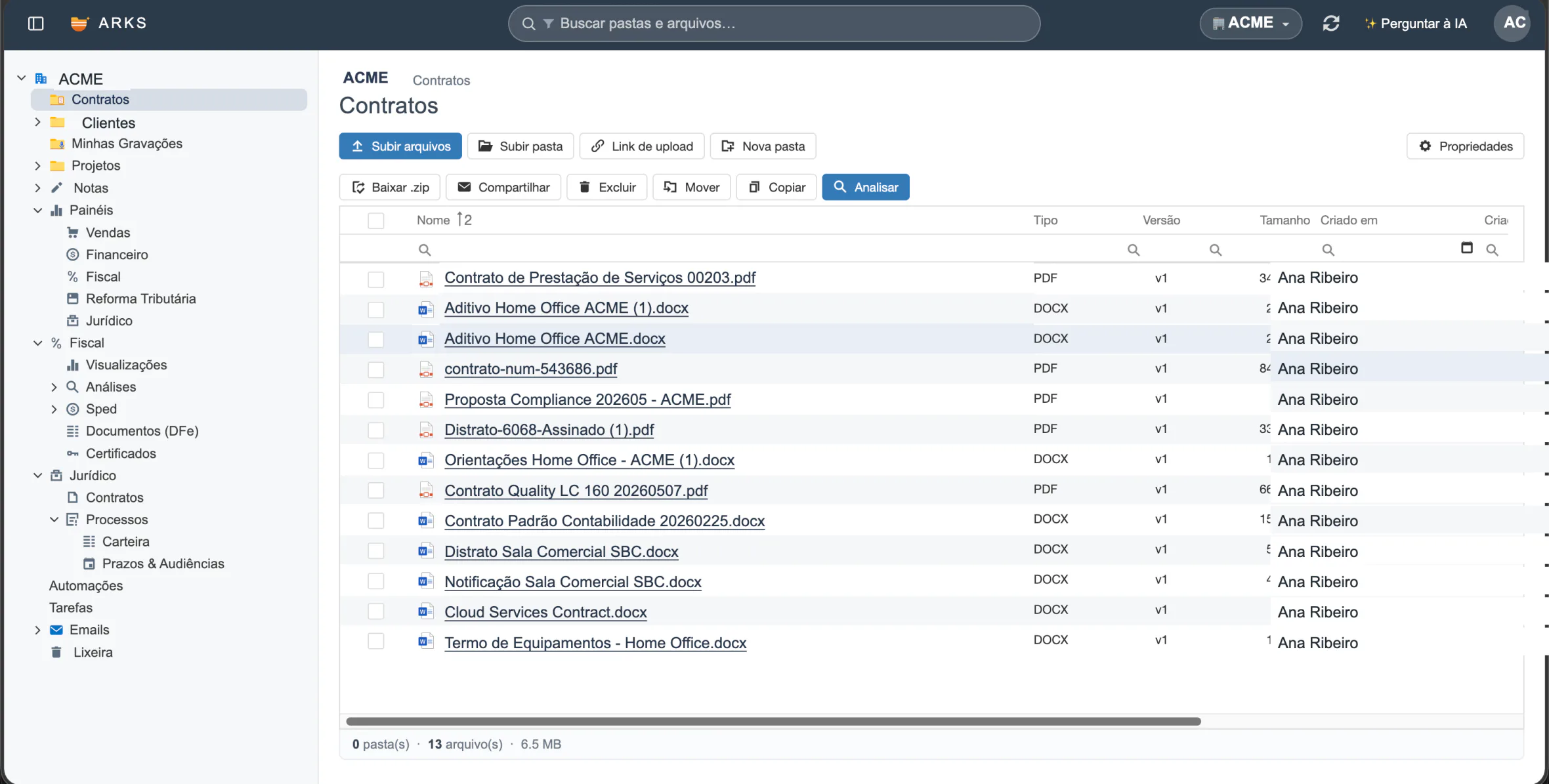Arquivos na arks com botão Analisar e Perguntar à IA