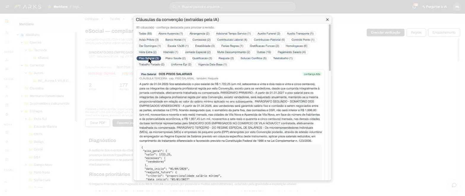 Cláusula de piso salarial no ARKS ao lado do JSON estruturado extraído pela IA