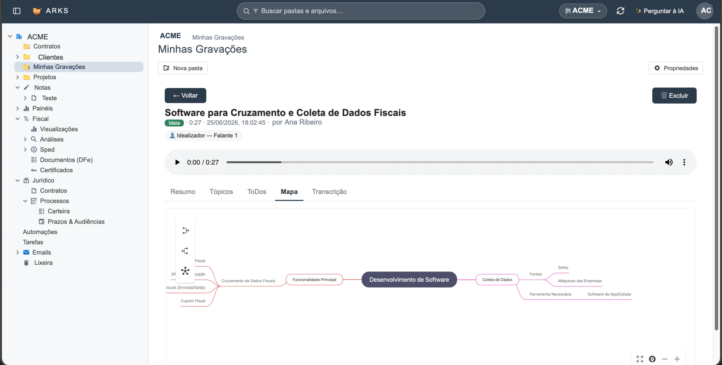 Gravação de voz transcrita com mapa mental gerado pela arks